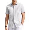Runcati Mens Linen Shirt Guayabera Cuban Short Sleeve Button Down Summer Beach Hippie Shirts(White)