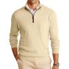 Runcati Mens Quarter-Zip Pullover Sweater Casual Mock Neck Winter Warm Ribbed Polo Sweaters(Beige)