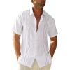 Runcati Mens Short Sleeve Guayabera Shirts Linen Cotton Button Down Mexican Embroidered Cuban Wedding Shirt Summer Beach Tops(03 White)