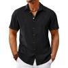 Runcati Mens Short Sleeve Linen Shirts Button Down Casual Texture Summer Beach Wedding Tops(Black)
