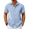 Runcati Mens Short Sleeve Linen Shirts Button Down Casual Texture Summer Beach Wedding Tops(Light Blue)