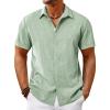 Runcati Mens Short Sleeve Linen Shirts Button Down Casual Texture Summer Beach Wedding Tops(Olive Green)