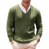 Runcati Mens V Neck Sweater Cable Knit Long Sleeve Casual Ribbed Twisted Pullover Sweaters(Army Green)