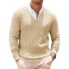 Runcati Mens V Neck Sweater Cable Knit Long Sleeve Casual Ribbed Twisted Pullover Sweaters(Beige)