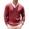 Runcati Mens V Neck Sweater Cable Knit Long Sleeve Casual Ribbed Twisted Pullover Sweaters(Burgundy)