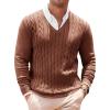 Runcati Mens V Neck Sweater Cable Knit Long Sleeve Casual Ribbed Twisted Pullover Sweaters(Coffee)