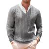 Runcati Mens V Neck Sweater Cable Knit Long Sleeve Casual Ribbed Twisted Pullover Sweaters(Grey)
