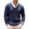 Runcati Mens V Neck Sweater Cable Knit Long Sleeve Casual Ribbed Twisted Pullover Sweaters(Navy Blue)