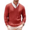 Runcati Mens V Neck Sweater Cable Knit Long Sleeve Casual Ribbed Twisted Pullover Sweaters(Red)