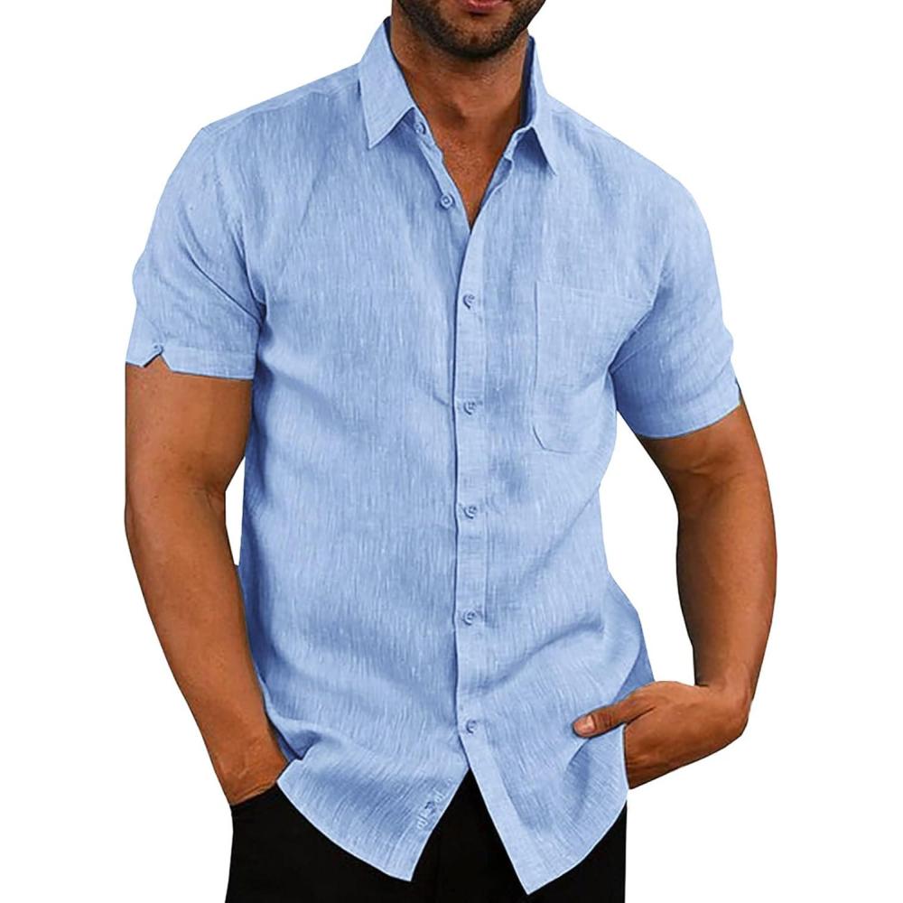 imageMens Button Down Shirts Casual Short Sleeve Linen Tops Cotton Lightweight Fishing Tees Spread Collar Plain Shirt