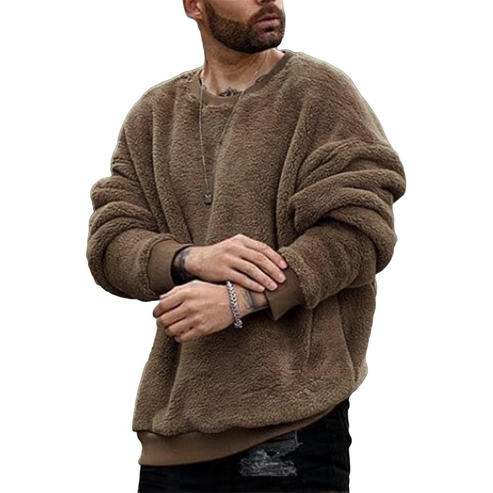 imageMens Fuzzy Sherpa Sweatshirt Long Sleeve Fluffy Crew Neck Pullover Cozy Basic Unisex Fall Winter Warm TopsBrown