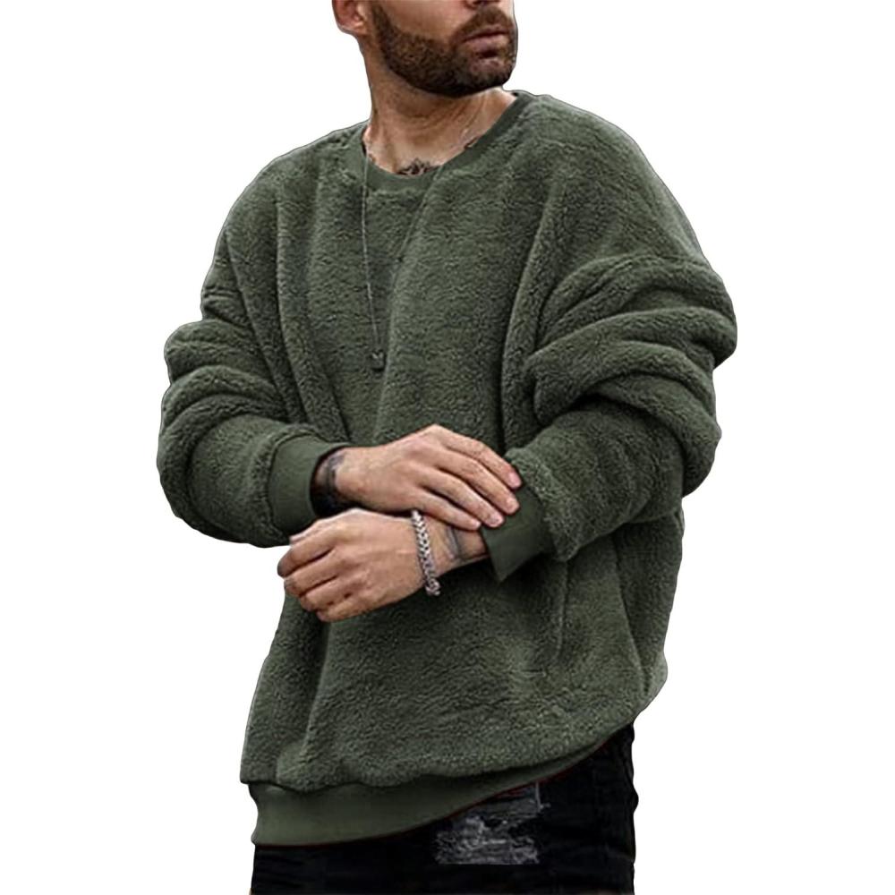 imageMens Fuzzy Sherpa Sweatshirt Long Sleeve Fluffy Crew Neck Pullover Cozy Basic Unisex Fall Winter Warm TopsGreen