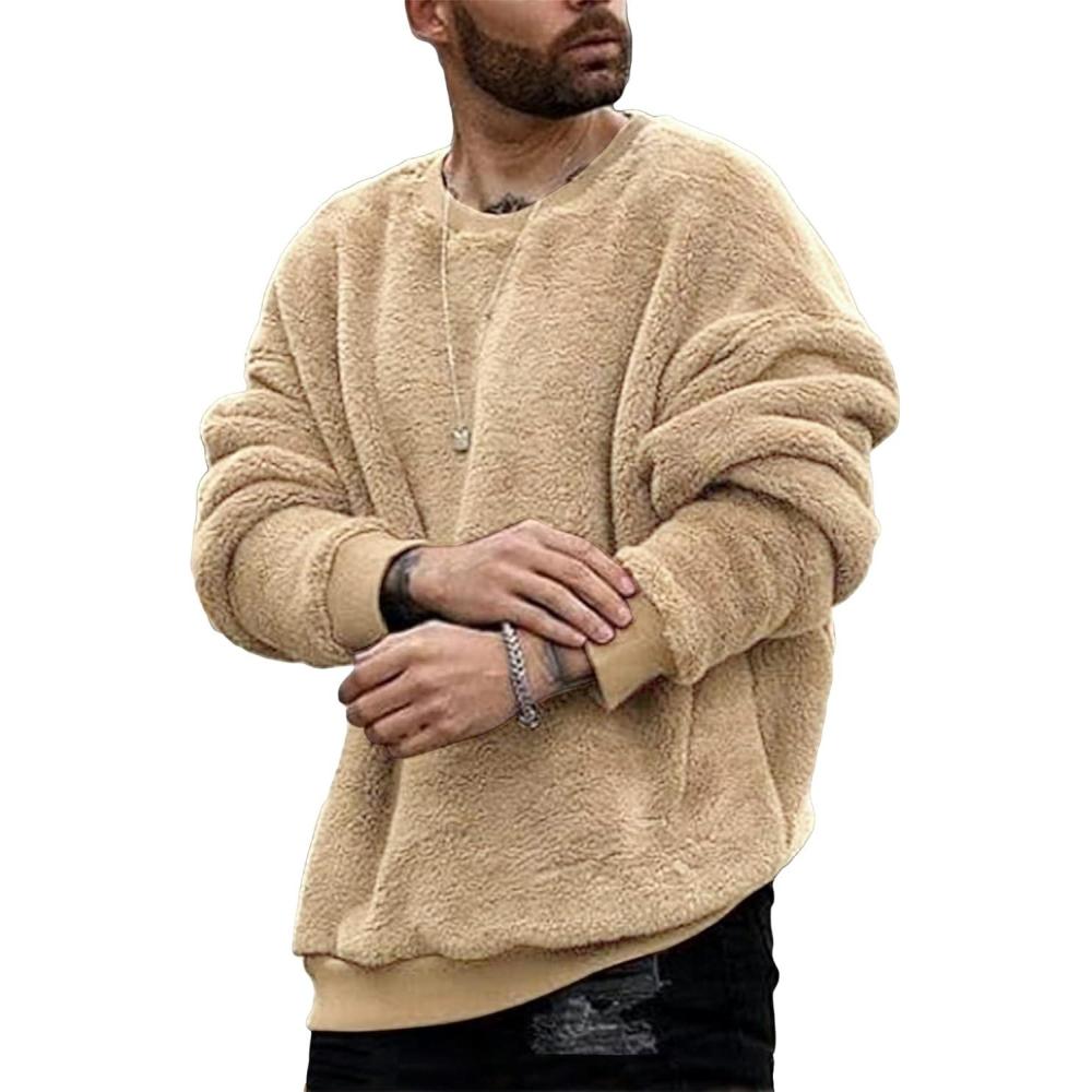 imageMens Fuzzy Sherpa Sweatshirt Long Sleeve Fluffy Crew Neck Pullover Cozy Basic Unisex Fall Winter Warm TopsYellow