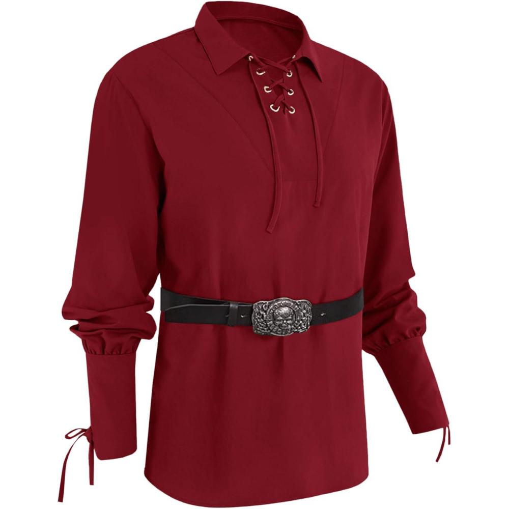 imageMens Medieval Lace Up Pirate Mercenary Scottish Wide Cuff Shirt Costume Renaissance Viking Top01 Red