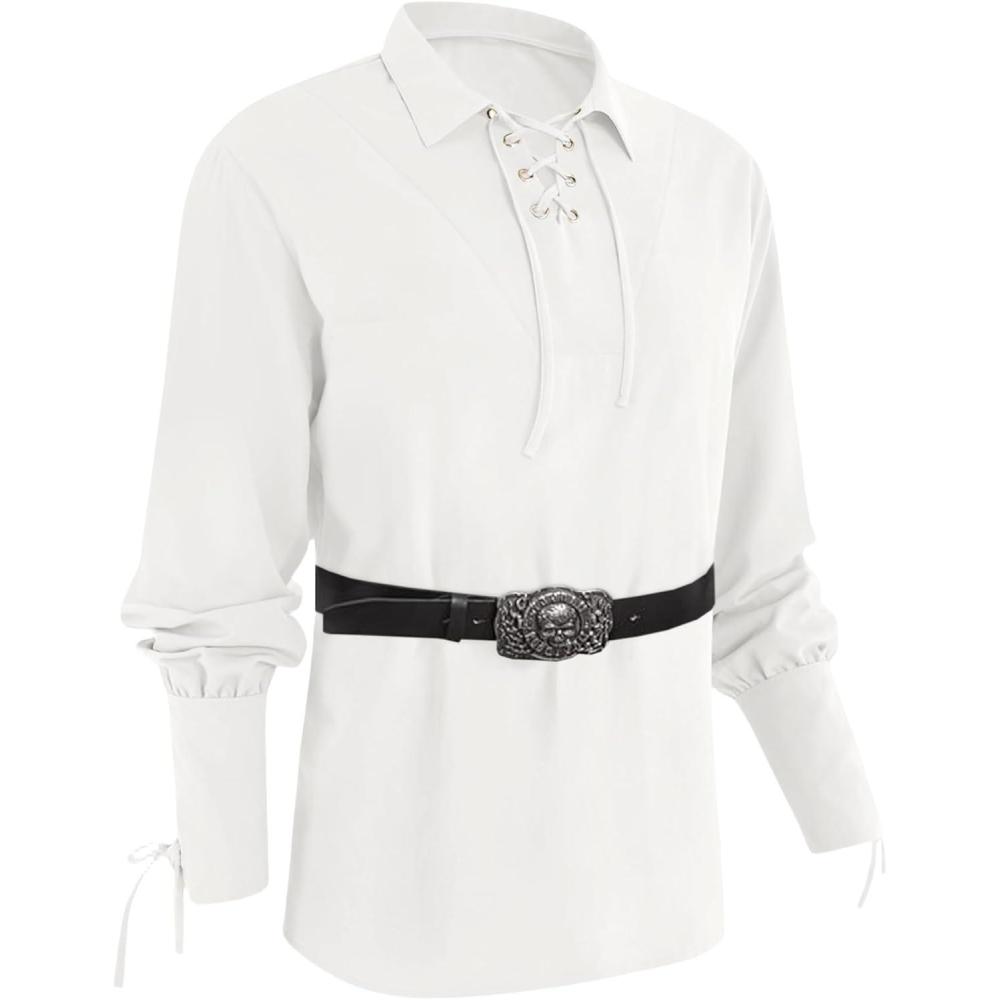 imageMens Medieval Lace Up Pirate Mercenary Scottish Wide Cuff Shirt Costume Renaissance Viking Top01 White