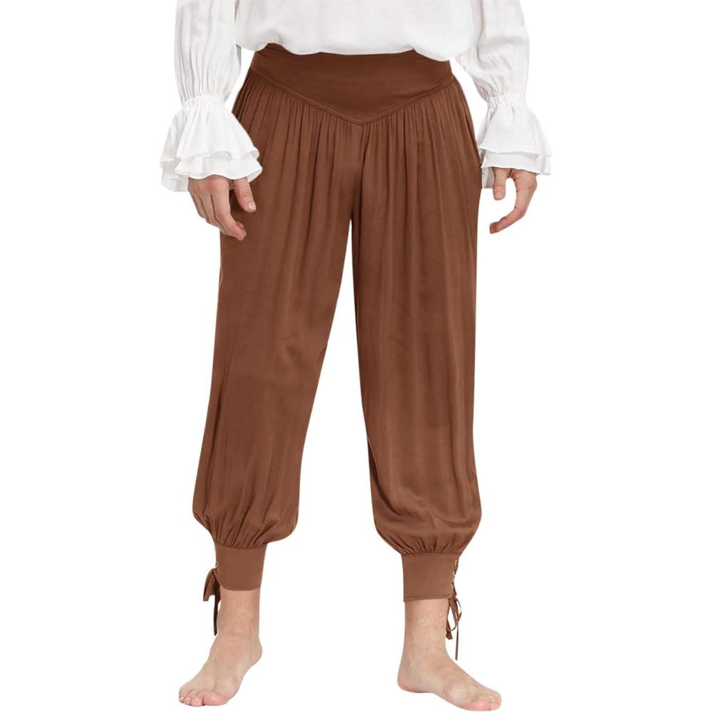 imageMens Medieval Pirate Ankle Pants Viking Renaissance Costume Lace Up Tapered Banded Navigator TrousersBrown