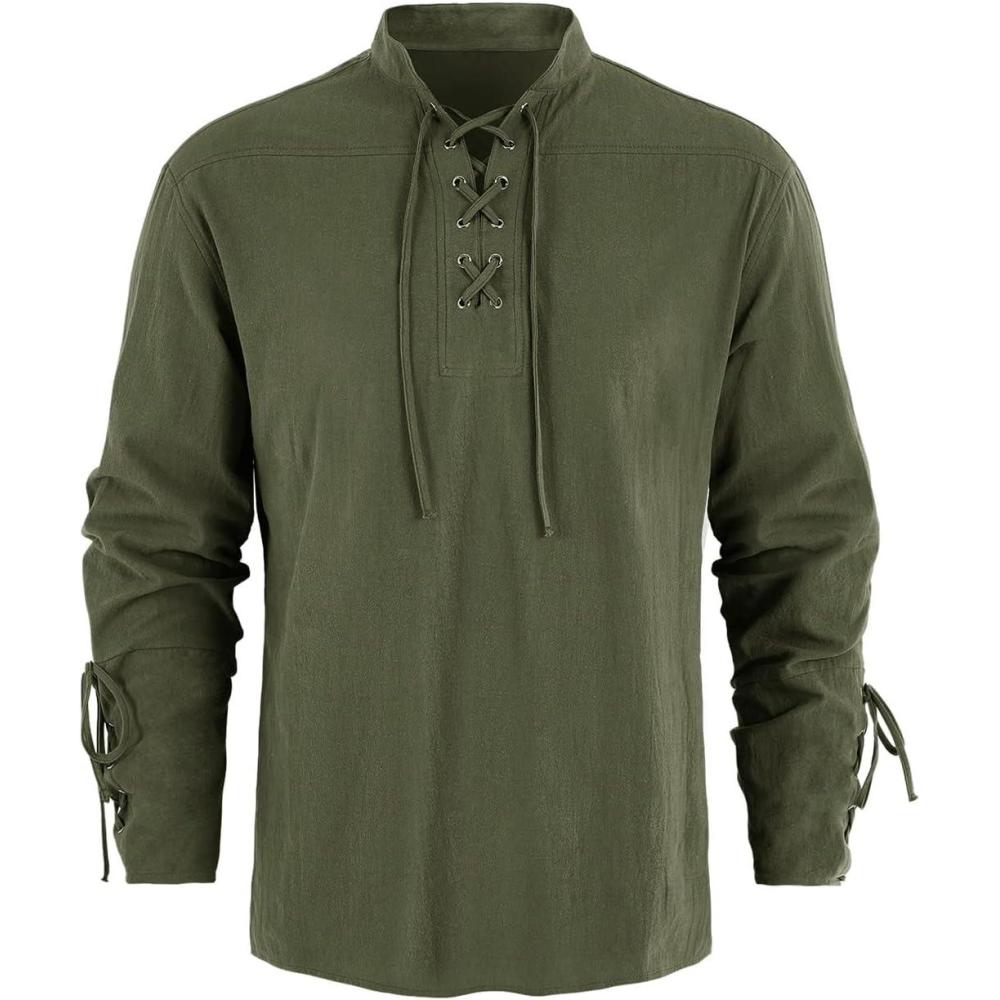 imageMens Medieval Pirate Shirt Steampunk Retro Renaissance Viking Long Sleeve Lace Up Mercenary Halloween Scottish TopsArmy Green