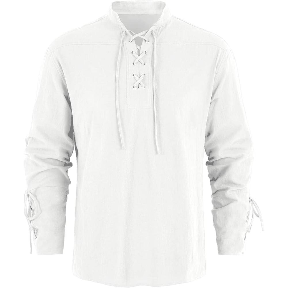 imageMens Medieval Pirate Shirt Steampunk Retro Renaissance Viking Long Sleeve Lace Up Mercenary Halloween Scottish TopsWhite