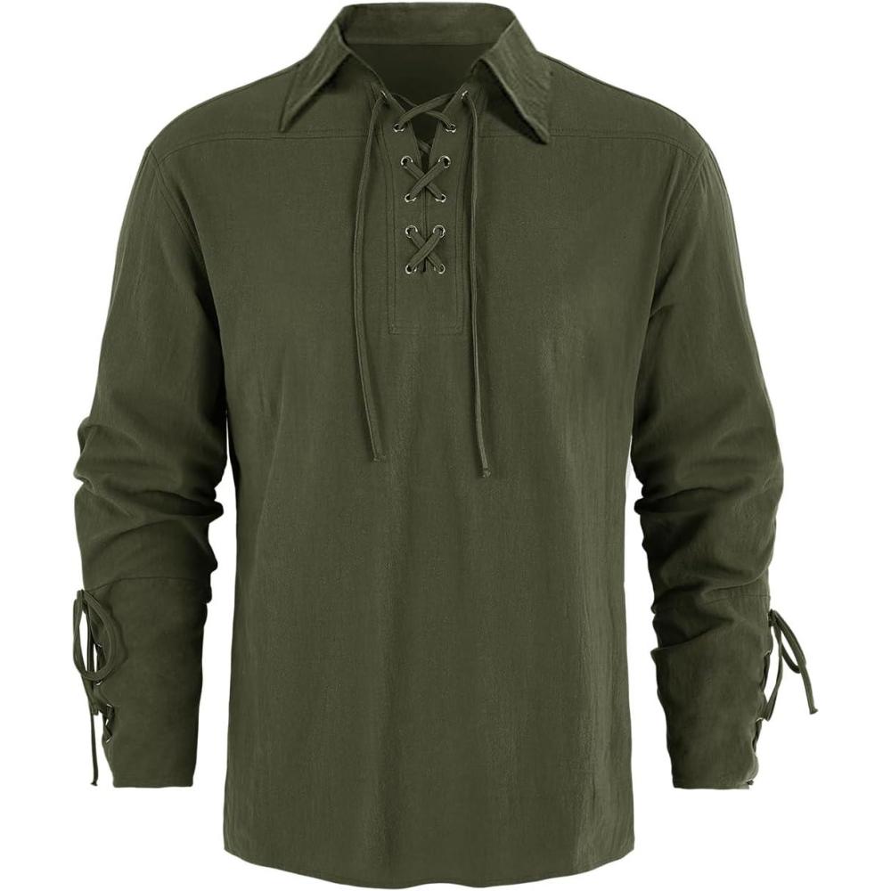 imageMens Medieval Pirate Shirt Steampunk Retro Renaissance Viking Long Sleeve Lace Up Mercenary Halloween Scottish TopsY Army Green