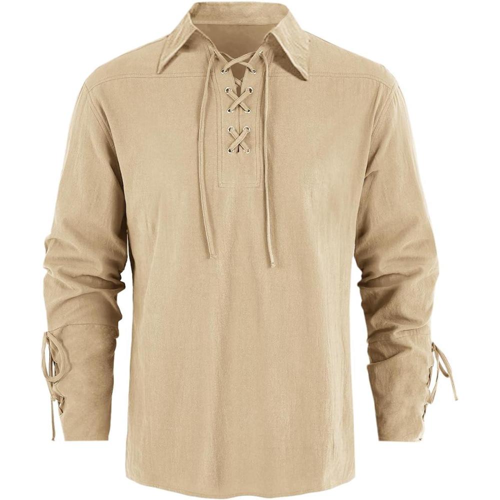 imageMens Medieval Pirate Shirt Steampunk Retro Renaissance Viking Long Sleeve Lace Up Mercenary Halloween Scottish TopsY Beige
