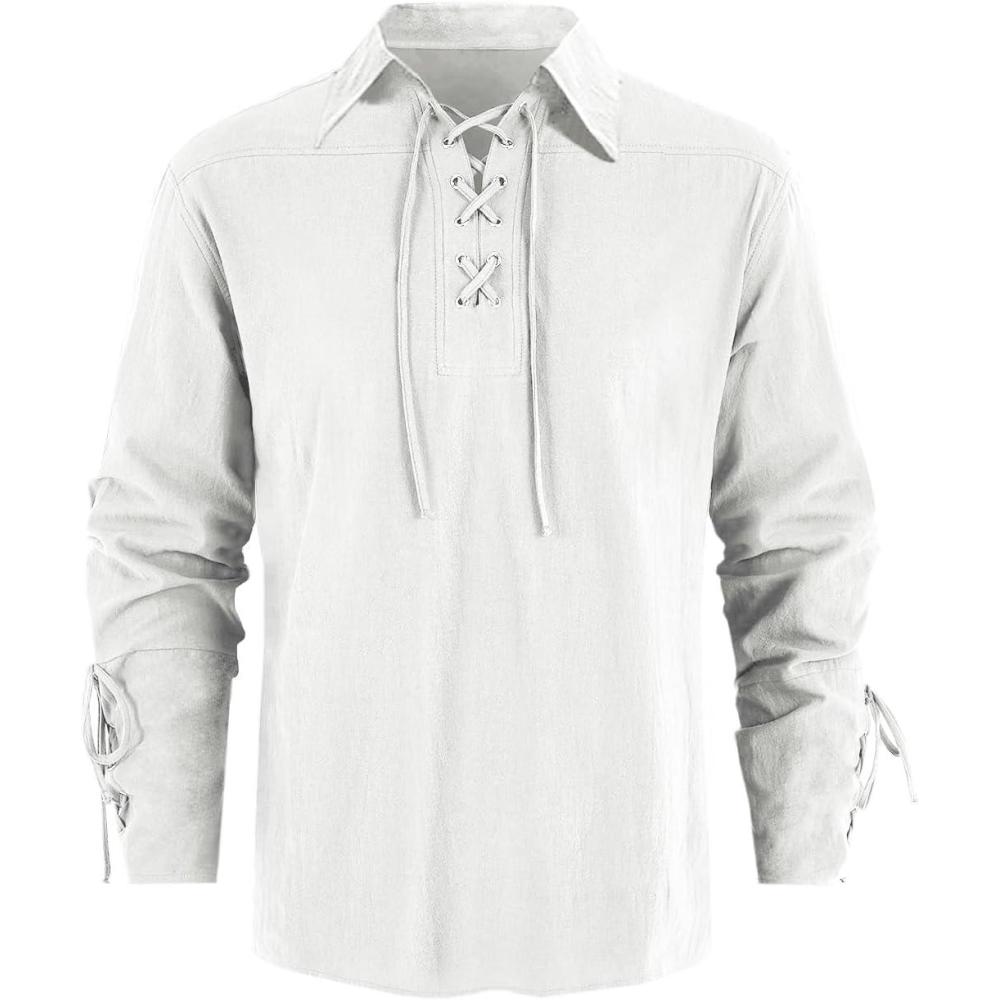 imageMens Medieval Pirate Shirt Steampunk Retro Renaissance Viking Long Sleeve Lace Up Mercenary Halloween Scottish TopsY White