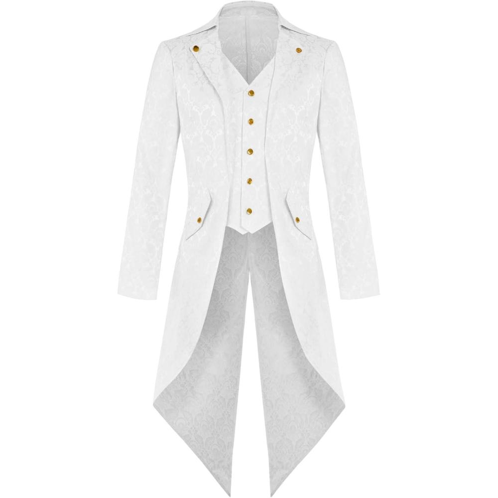 imageMens Steampunk Medieval Jacket Pirate Viking Renaissance Costume Formal Tailcoat Gothic Victorian Halloween Tuxedo CoatsZwhite