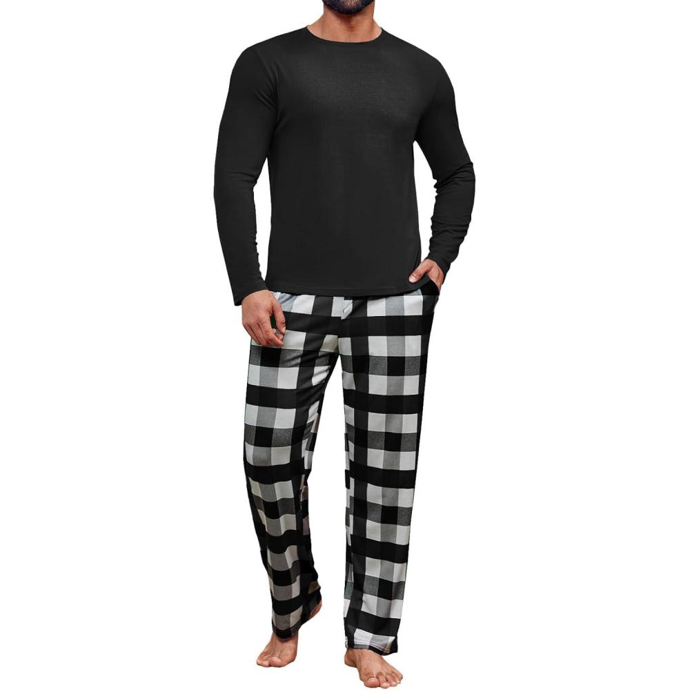 imageRuncati Mens 2 Piece Pajama Set Plaid Sleepwear PJ Relaxed Fit Stretch Lounge Nightwear SetsBlack
