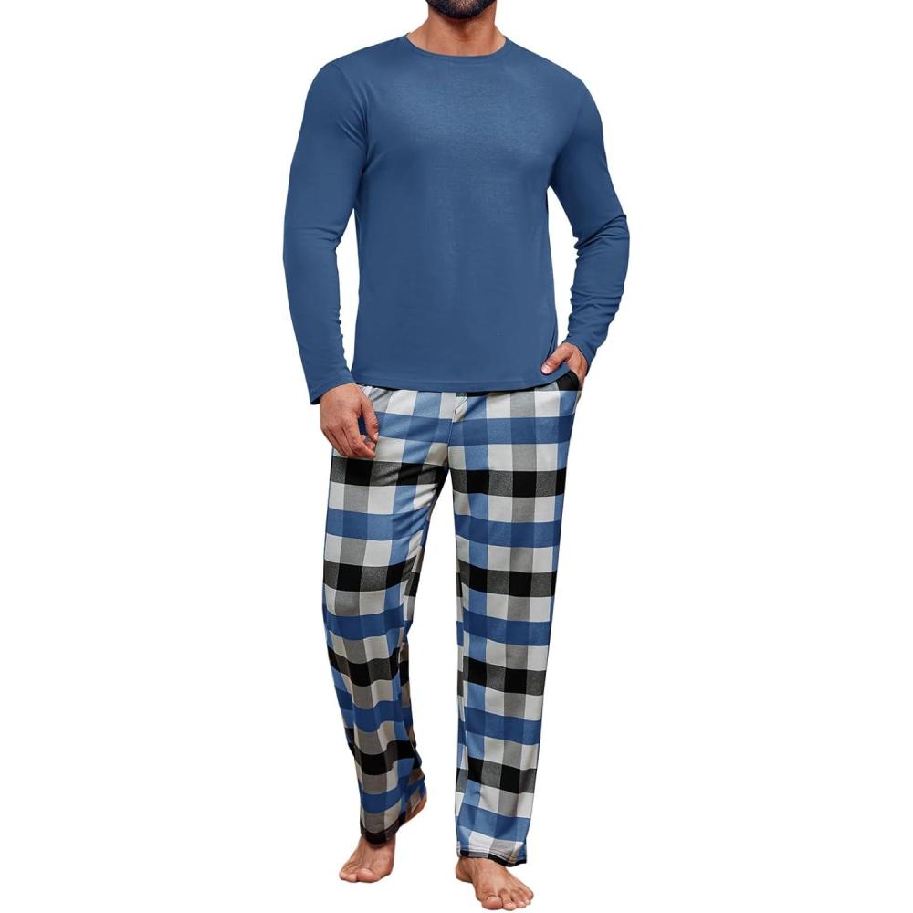 imageRuncati Mens 2 Piece Pajama Set Plaid Sleepwear PJ Relaxed Fit Stretch Lounge Nightwear SetsBlue
