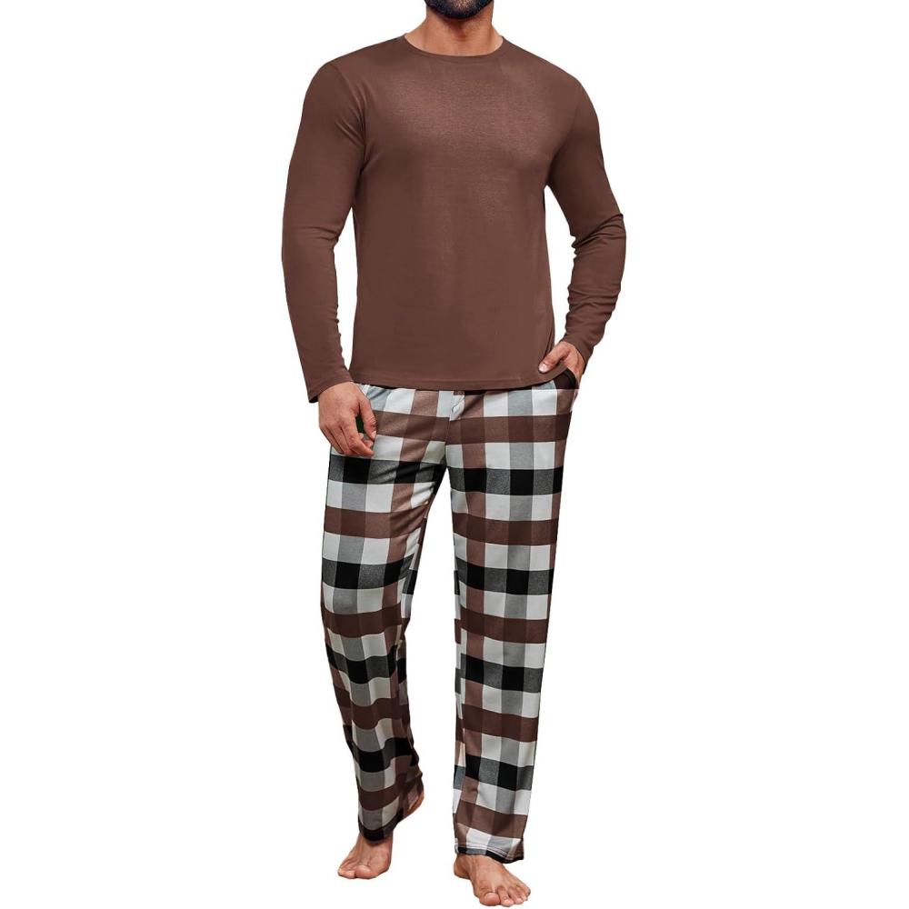 imageRuncati Mens 2 Piece Pajama Set Plaid Sleepwear PJ Relaxed Fit Stretch Lounge Nightwear SetsCoffee