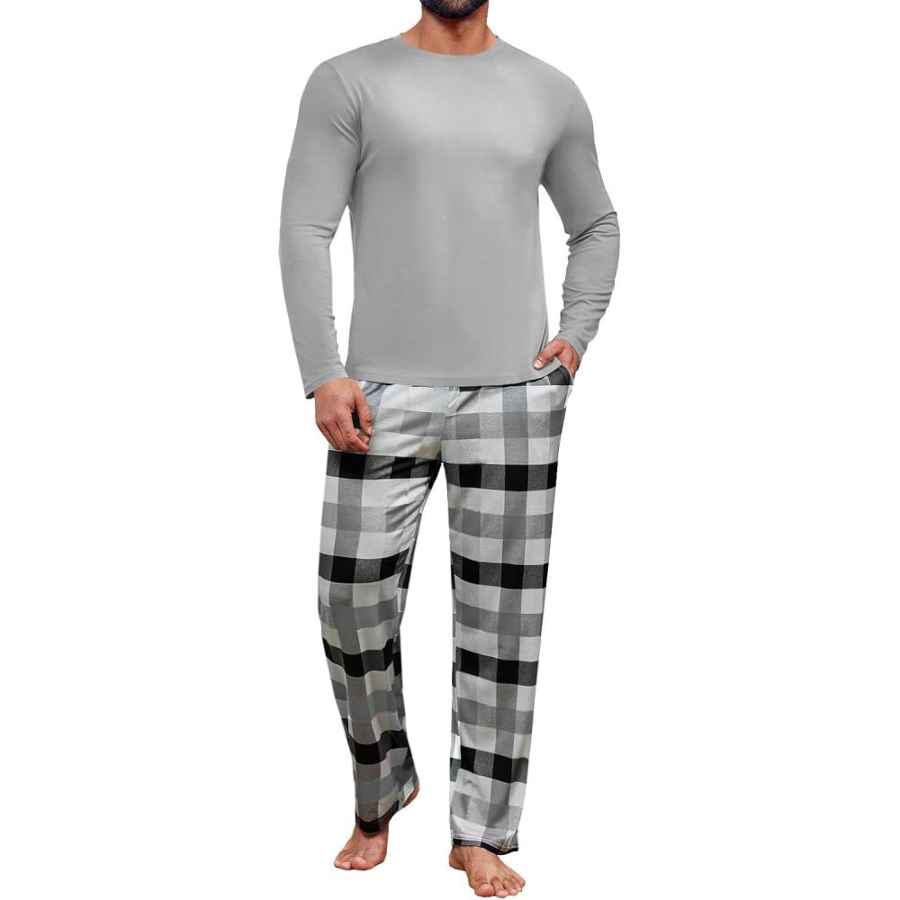 imageRuncati Mens 2 Piece Pajama Set Plaid Sleepwear PJ Relaxed Fit Stretch Lounge Nightwear SetsLight Grey