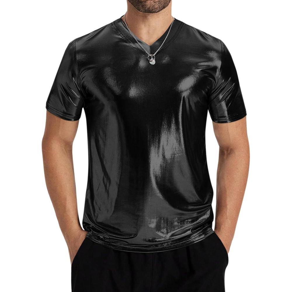 imageRuncati Mens 70s Metallic Shirts Short Sleeve V Neck Gold TShirt Disco Party Club Tee Tops