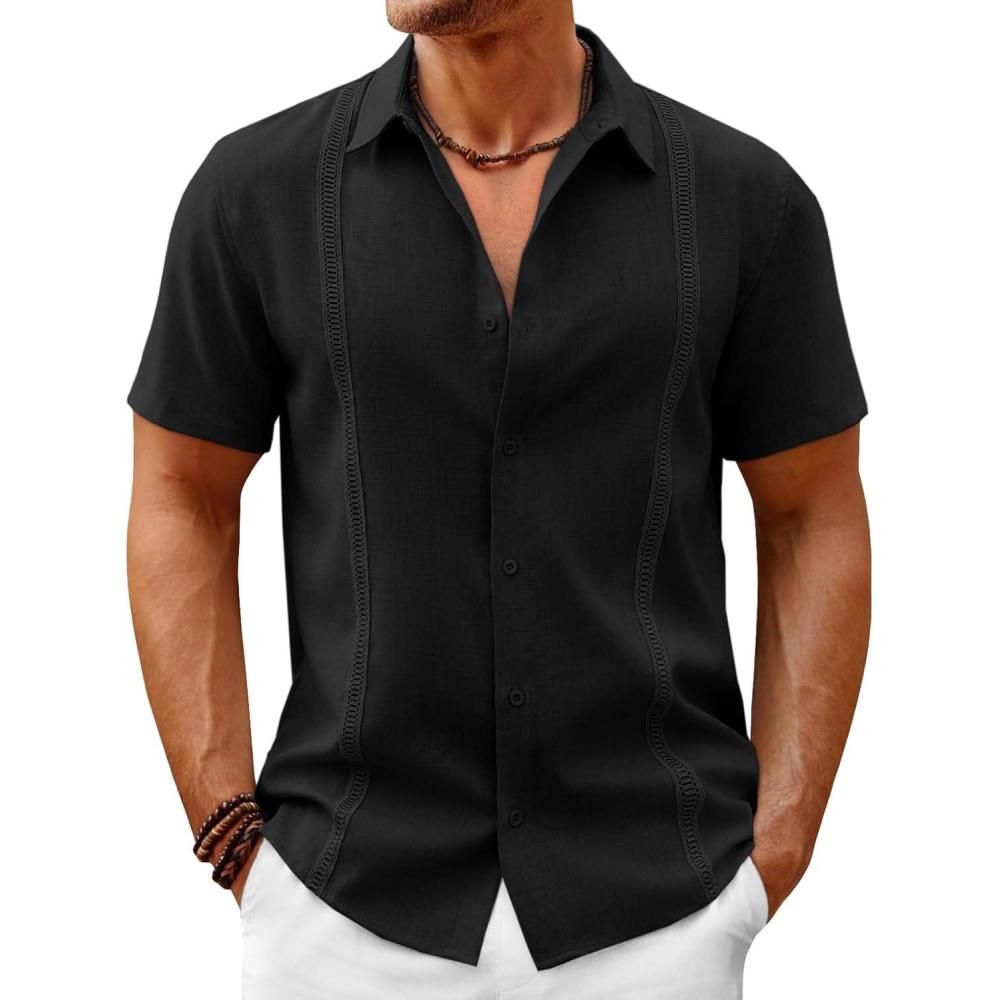imageRuncati Mens Button Down Guayabera Shirts Short Sleeve Cuban Casual Summer Linen Shirt Beach Mexican Hippie Wedding TopsBlack