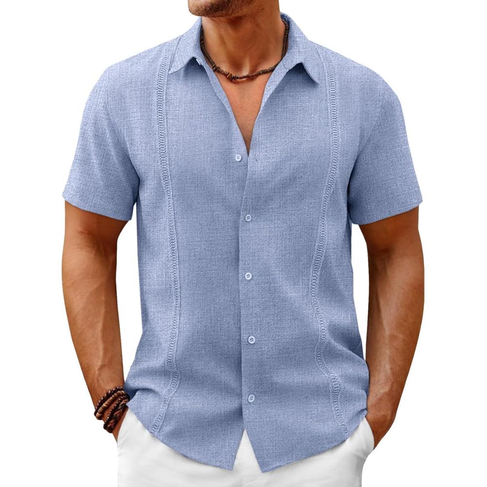 imageRuncati Mens Button Down Guayabera Shirts Short Sleeve Cuban Casual Summer Linen Shirt Beach Mexican Hippie Wedding TopsBlue