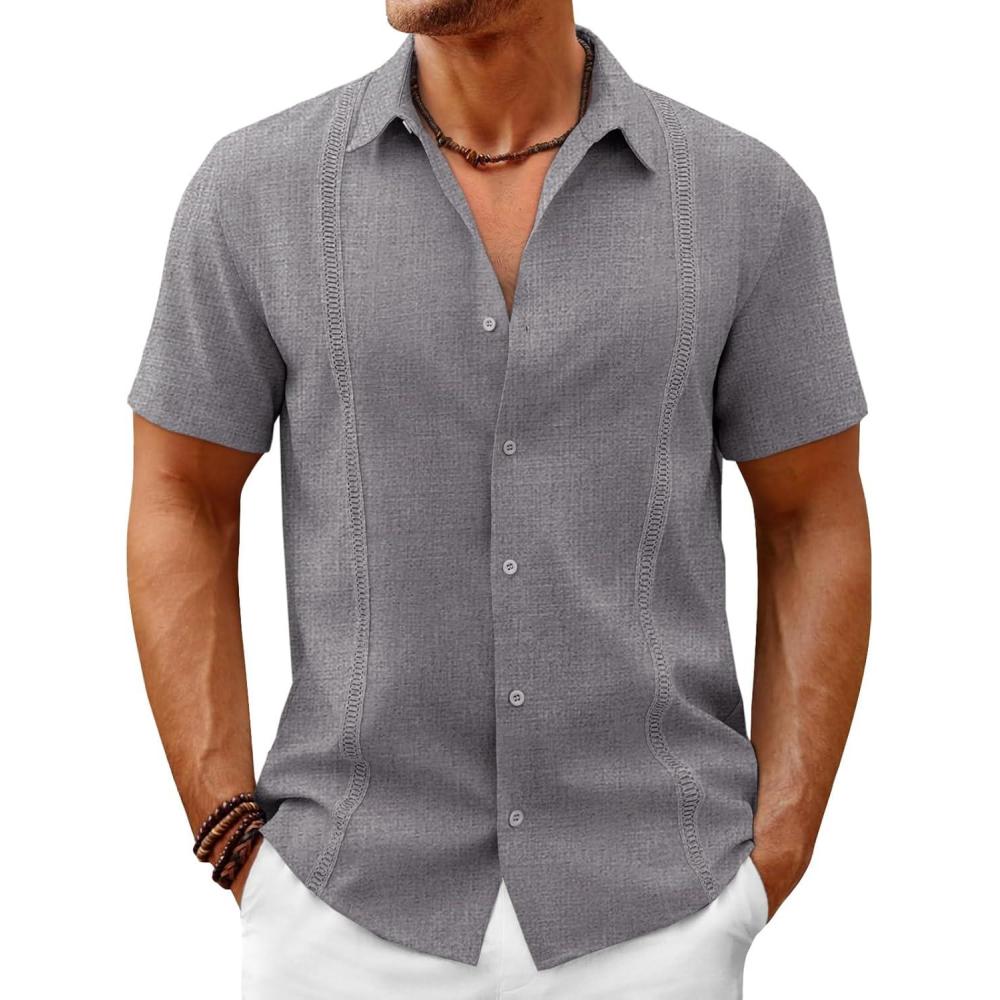 imageRuncati Mens Button Down Guayabera Shirts Short Sleeve Cuban Casual Summer Linen Shirt Beach Mexican Hippie Wedding TopsDark Grey