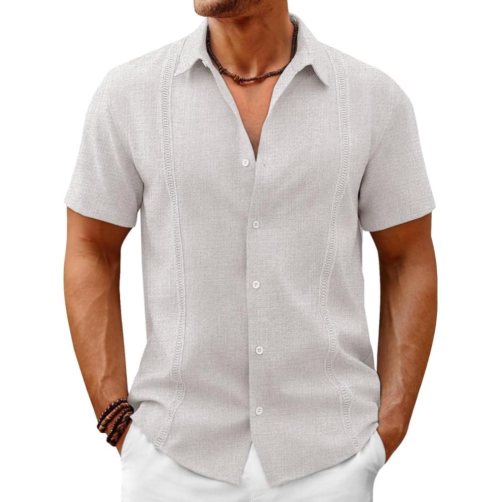 imageRuncati Mens Button Down Guayabera Shirts Short Sleeve Cuban Casual Summer Linen Shirt Beach Mexican Hippie Wedding TopsLight Khaki