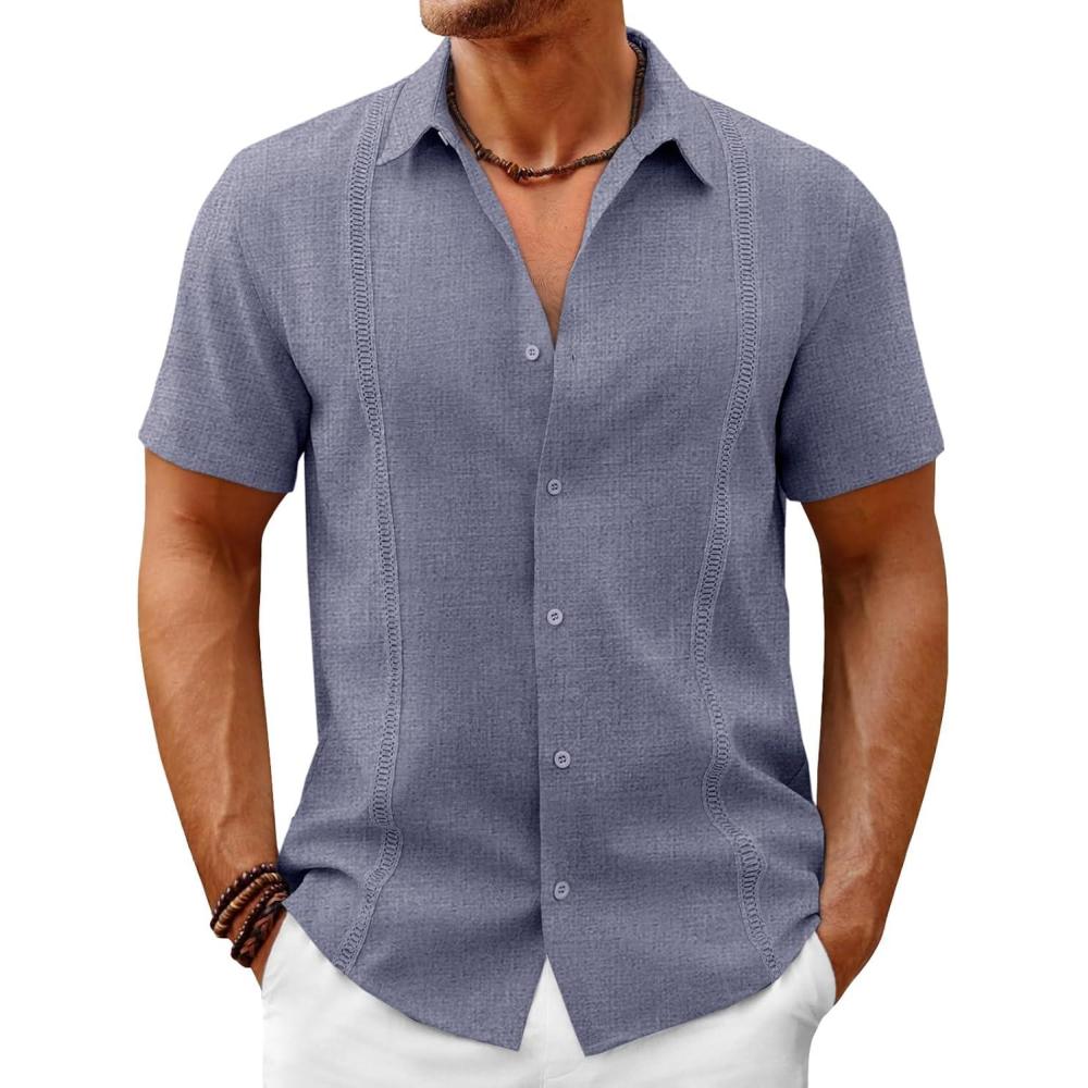 imageRuncati Mens Button Down Guayabera Shirts Short Sleeve Cuban Casual Summer Linen Shirt Beach Mexican Hippie Wedding TopsNavy
