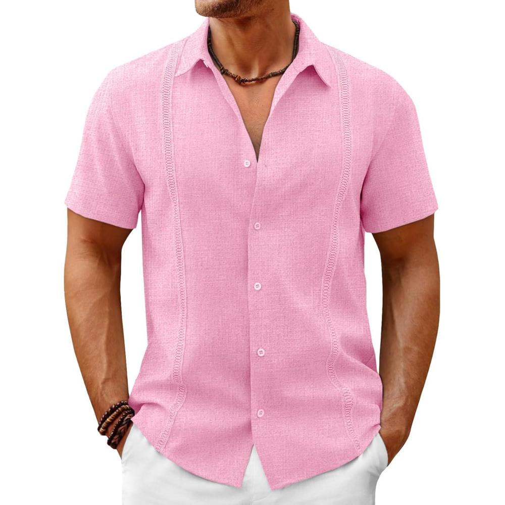 imageRuncati Mens Button Down Guayabera Shirts Short Sleeve Cuban Casual Summer Linen Shirt Beach Mexican Hippie Wedding TopsPink