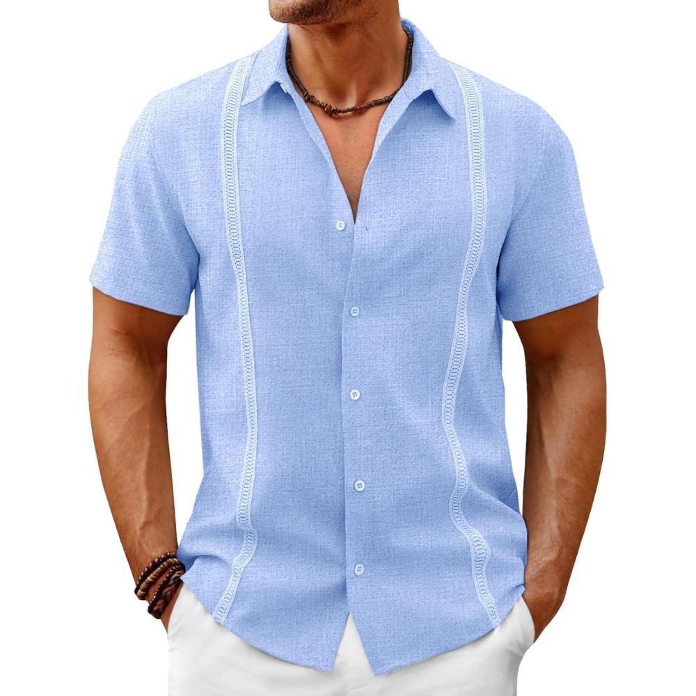 imageRuncati Mens Button Down Guayabera Shirts Short Sleeve Cuban Casual Summer Linen Shirt Beach Mexican Hippie Wedding TopsSky Blue