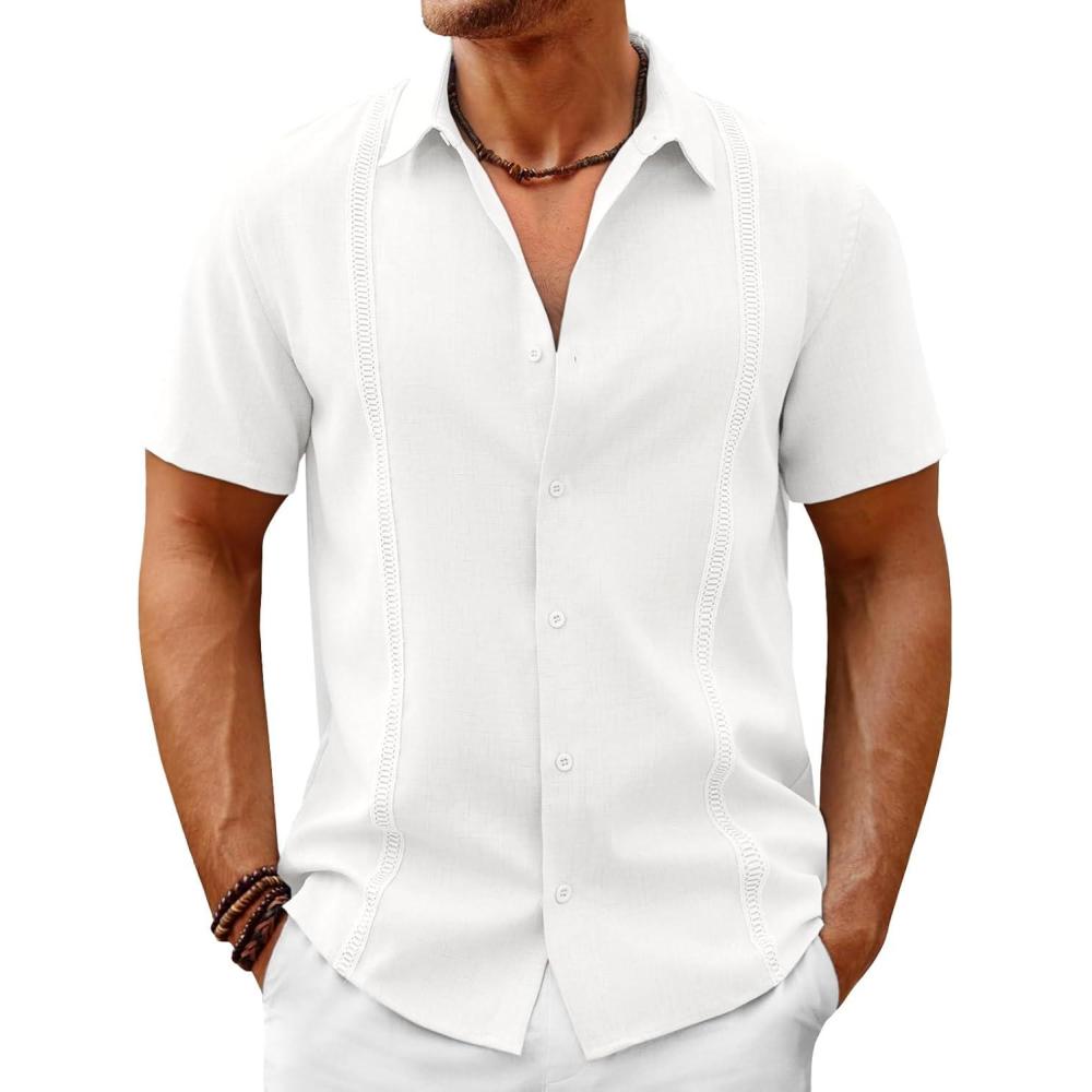 imageRuncati Mens Button Down Guayabera Shirts Short Sleeve Cuban Casual Summer Linen Shirt Beach Mexican Hippie Wedding TopsWhite