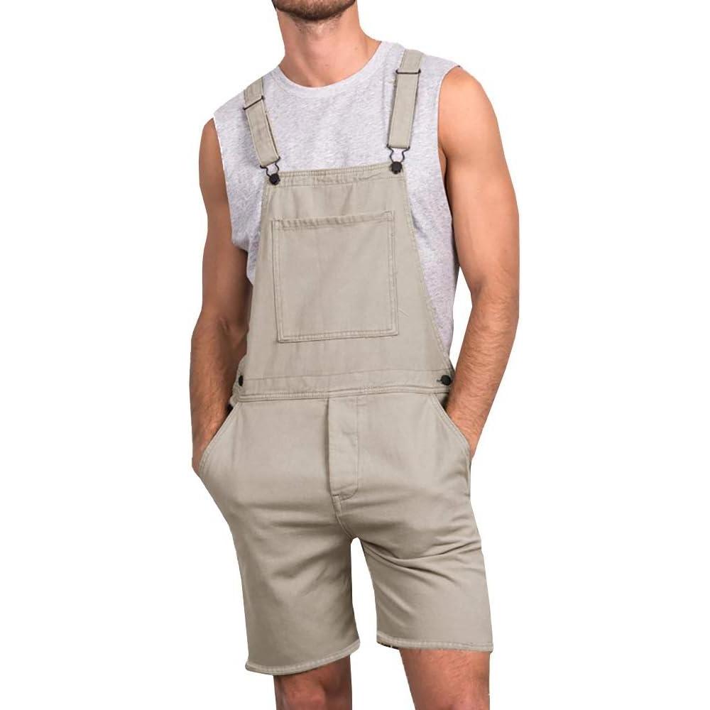 imageRuncati Mens Casual Bib Overall Shorts Lightweight Cotton Loose Fit Denim Jumpersuit Walkshort Pockets RompersBeige