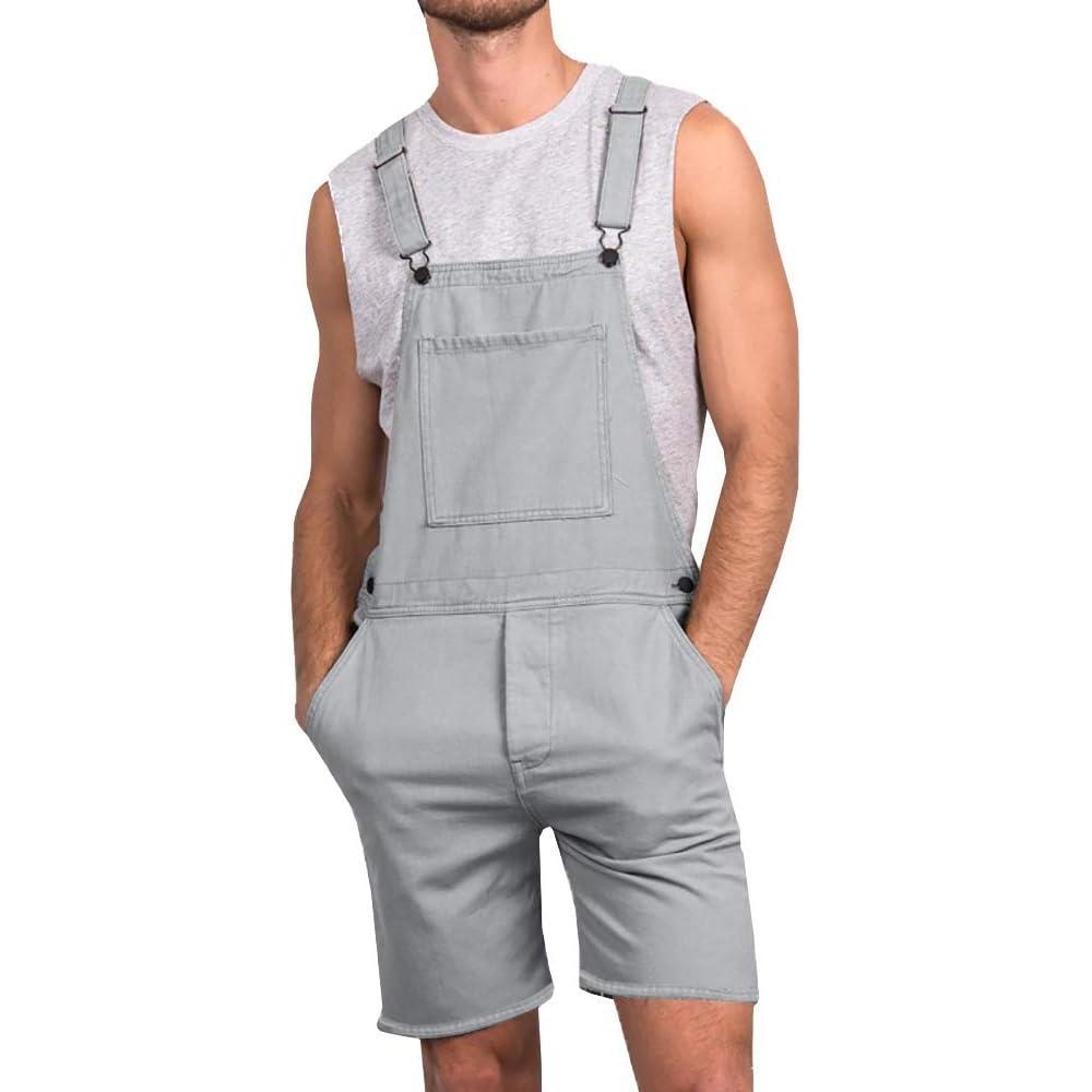 imageRuncati Mens Casual Bib Overall Shorts Lightweight Cotton Loose Fit Denim Jumpersuit Walkshort Pockets RompersGray
