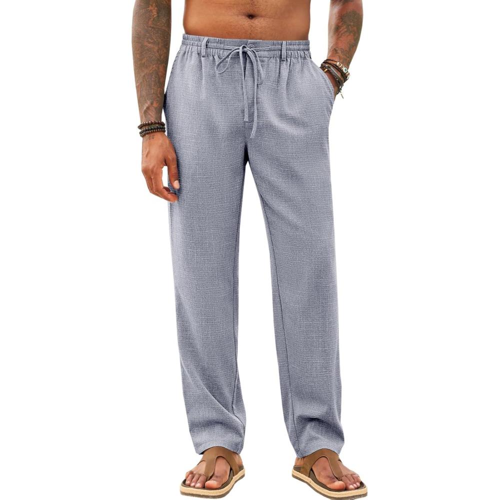 imageRuncati Mens Casual Pants Linen Elastic Waist Drawstring Lightweight Pants Loose Fit Summer Beach Yoga TrouserGrey