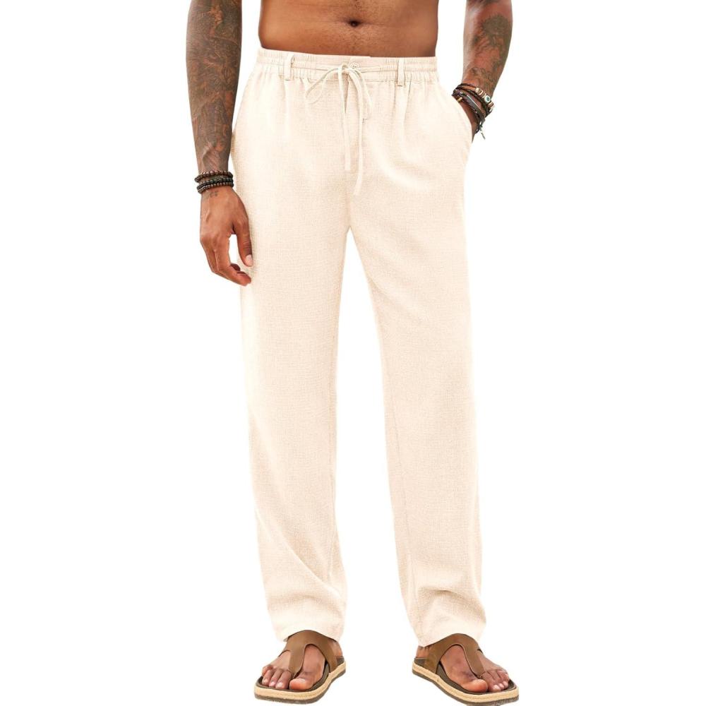 imageRuncati Mens Casual Pants Linen Elastic Waist Drawstring Lightweight Pants Loose Fit Summer Beach Yoga TrouserLight Khaki