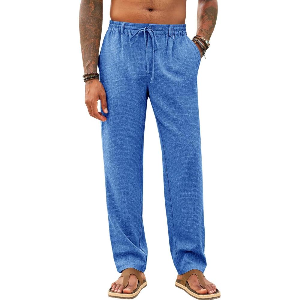 imageRuncati Mens Casual Pants Linen Elastic Waist Drawstring Lightweight Pants Loose Fit Summer Beach Yoga TrouserRoyal Blue