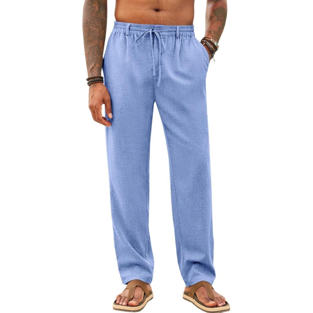 imageRuncati Mens Casual Pants Linen Elastic Waist Drawstring Lightweight Pants Loose Fit Summer Beach Yoga TrouserSky Blue
