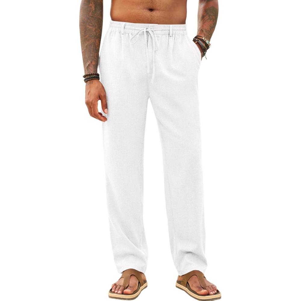 imageRuncati Mens Casual Pants Linen Elastic Waist Drawstring Lightweight Pants Loose Fit Summer Beach Yoga TrouserWhite