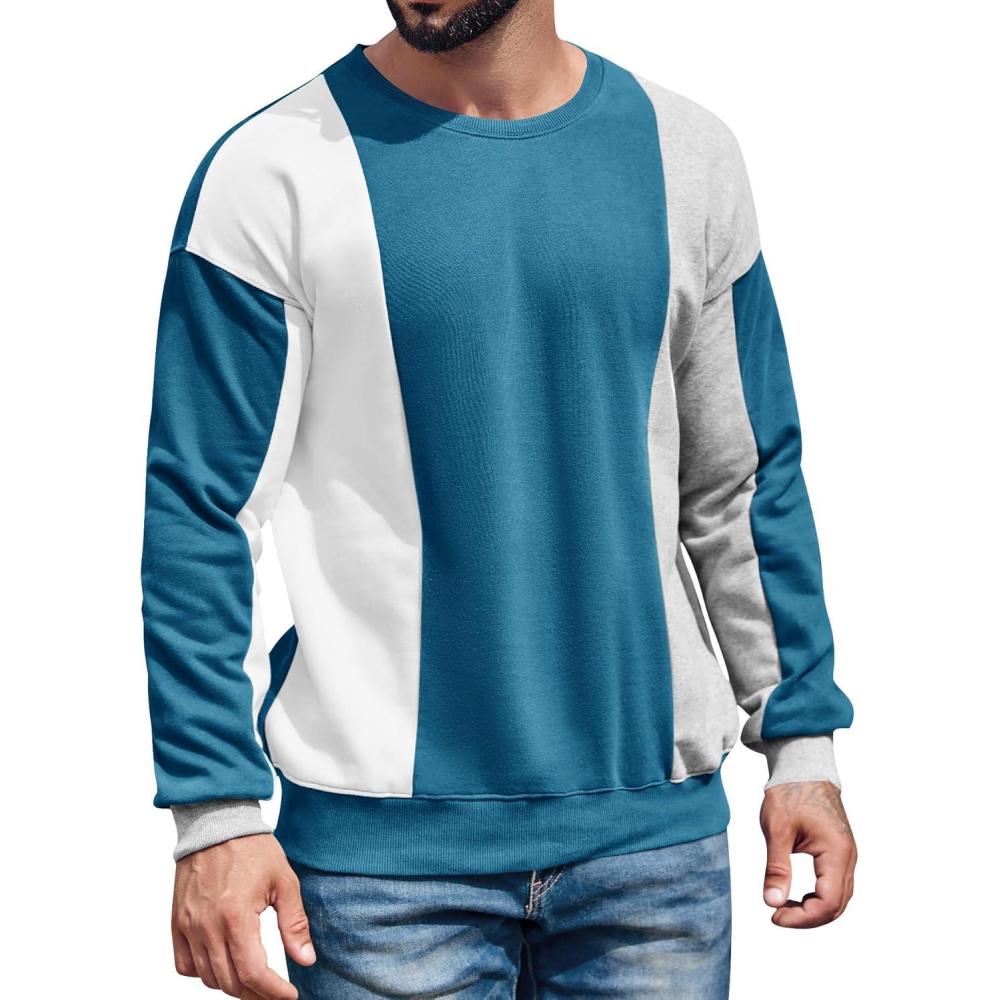 imageRuncati Mens Color Block Sweatshirt Pullover Crewneck Long Sleeve Fleece Casual Ribbed Patchwork Fall TopsBlue