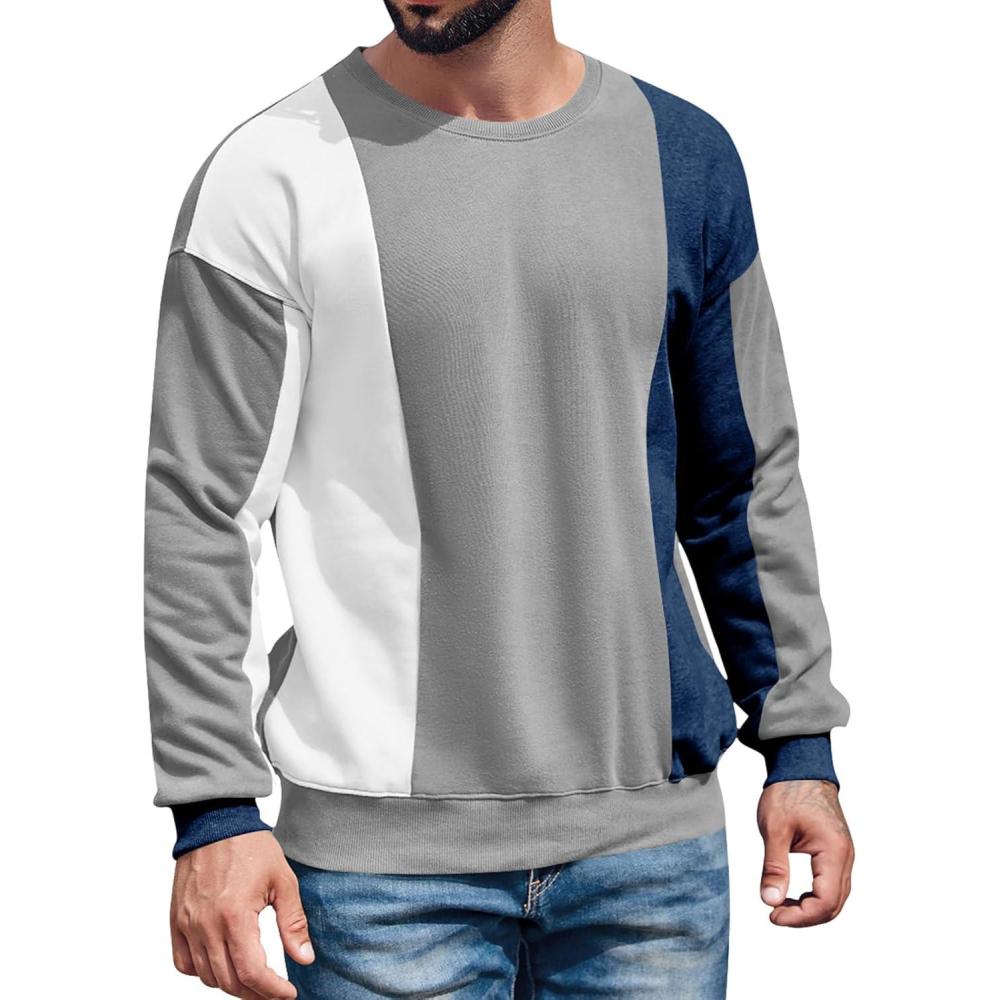 imageRuncati Mens Color Block Sweatshirt Pullover Crewneck Long Sleeve Fleece Casual Ribbed Patchwork Fall TopsGrey