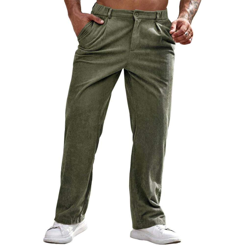 imageRuncati Mens Corduroy Pants Elastic Waist Straight Leg Casual Pleated Pants with PocketsArmy Green