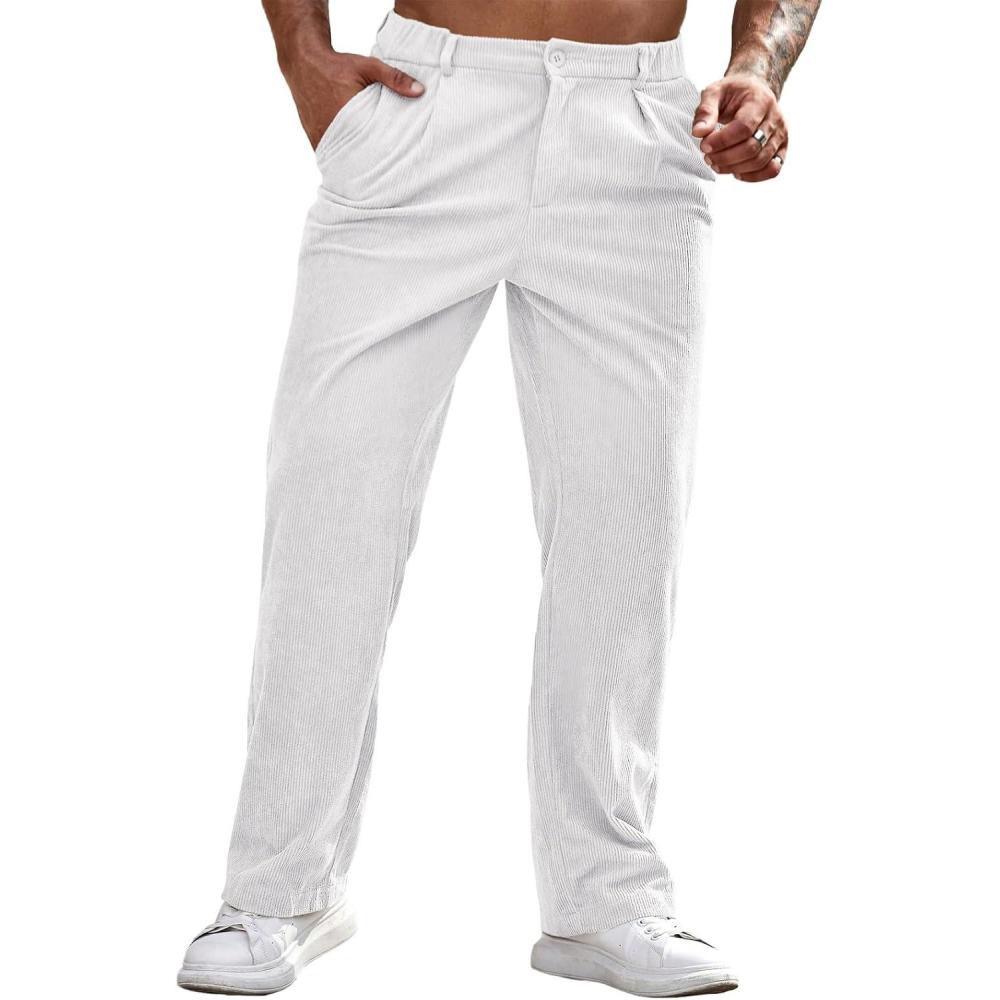 imageRuncati Mens Corduroy Pants Elastic Waist Straight Leg Casual Pleated Pants with PocketsWhite